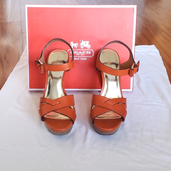 EUC Coach Orange Platform High Heels Shoes Sz 7 w/ Strappy Ankle Buckle with Box - Picture 3 of 16